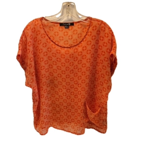 Forever 21 Size Medium Orange & white sheer Blouse Geometric design summer top - Picture 3 of 13
